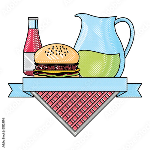 picnic emblem with hamburger and lemonade pitcher icon over white background, vector illustration