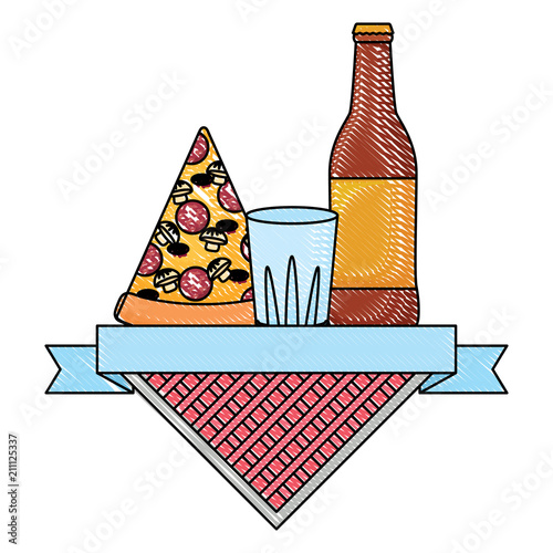 picnic emblem with pizza slice and beer bottle over white background, vector illustration