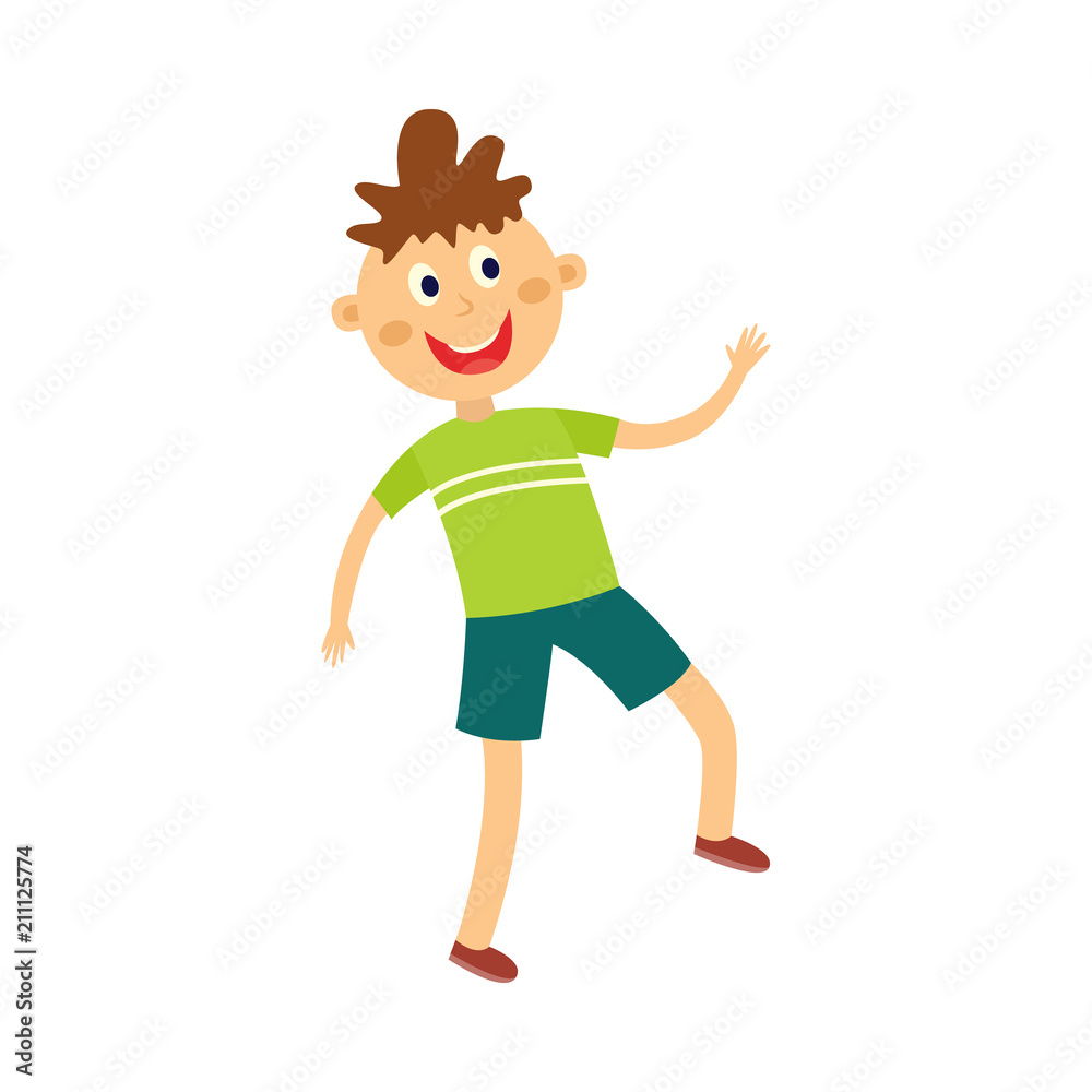 Happy kid boy dancing and having fun - cute flat cartoon character of little male dancer isolated on white background. Vector illustration of adorable positive child.