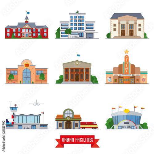 Urban facilities and public buildings vector icon set