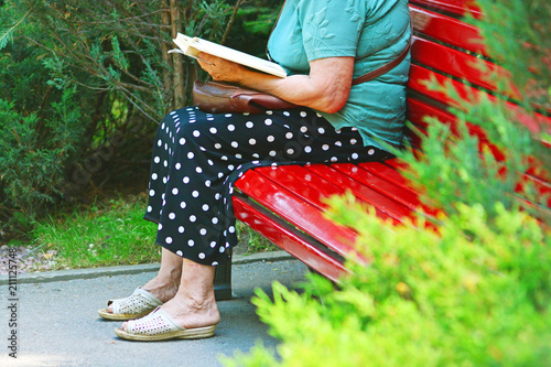 Elderly woman reads book in the park on a bench