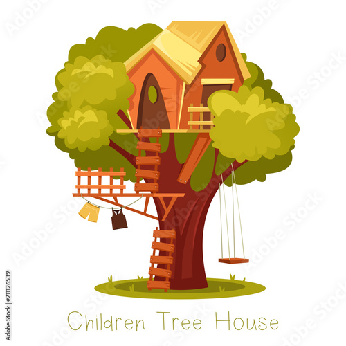 Children wooden house on oak. Tree with ladder and kid tree-house.