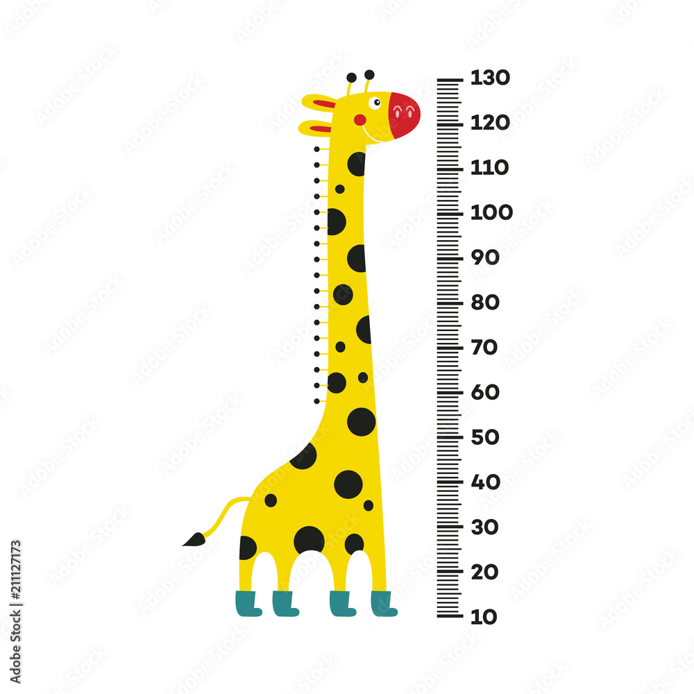 Obraz premium Giraffe cartoon character with long neck in boots standing next to scale from 10 to 130 centimeter isolated on white background. Wall height meter with cute smiling african animal. Vector illustration