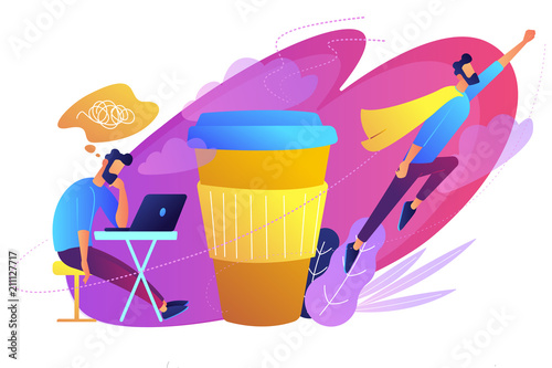 A man sitting tired at the desk and another flying full of energy after cup of coffee. Coffee break, low energy, tiredness, energizing concept, violet palette. Vector illustration on white background.