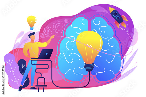 A man in workplace with laptop, big light bulb, rocket and human brain. Idea, start up launching, business success, brainstorm concept, violet palette. Vector illustration on white background