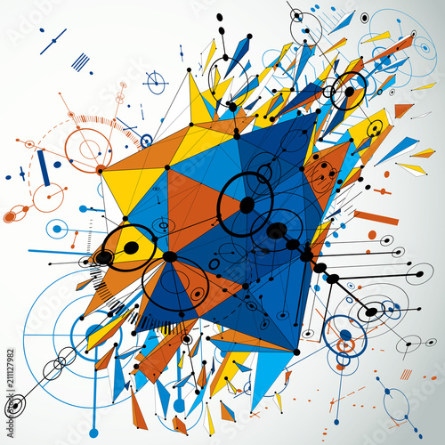 Geometric Bauhaus 3d vector background with low poly abstract demolished object created from circles and connected lines. Best for use as advertising poster or banner design.