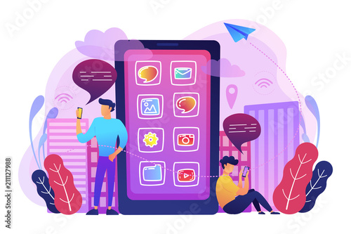 A mens near huge smartphone with application icons on the screen checking social media and news feeds. Social media, news tips, IoT and smart city concept, violet palette. Vector illustration.