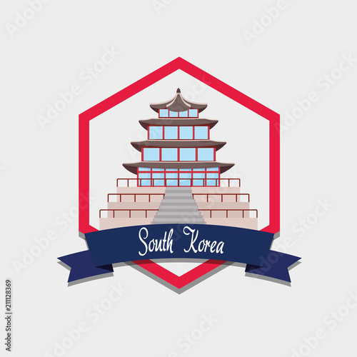 Emblem with south korea iconic building icon over white background, colorful design. vector illustration