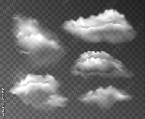 Vector collection of realistic transparent clouds isolated on dark background