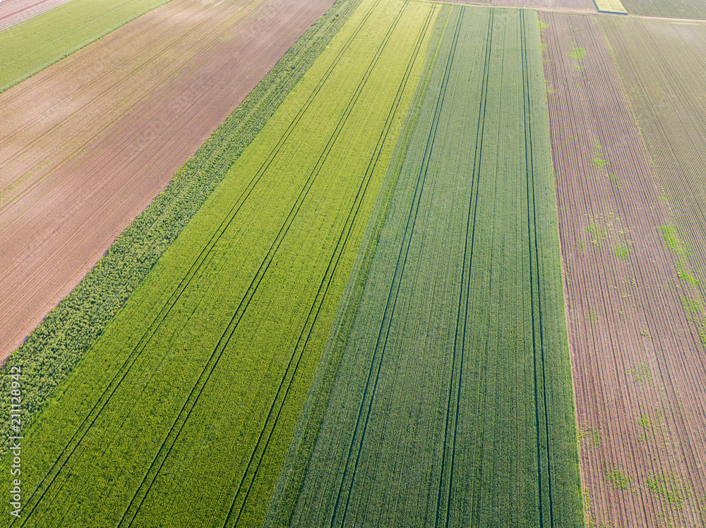Agricultural landscape, aerial shot of an arable crop field. Arable land is the land under temporary agricultural crops capable of being ploughed and used to grow crops.