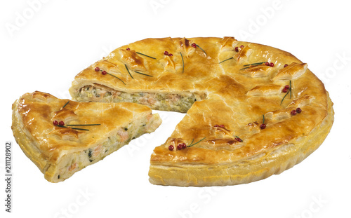 quiche, salad cake with mix vegetables, isolated on white
