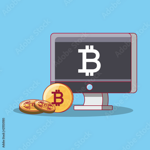 monitor computer with bitcoin symbol on screen and cryptocoins around over blue background, colorful design. vector illustration