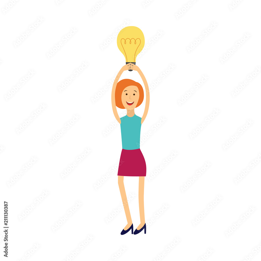 Young woman having idea illustration - smiling girl keeping above her head light bulb as symbol of great idea or solution of problem isolated on white background. Flat vector illustration. Young woman having idea illustration - smiling girl keeping above her head light bulb as symbol of great idea or solution of problem isolated on white background. Flat vector illustration.