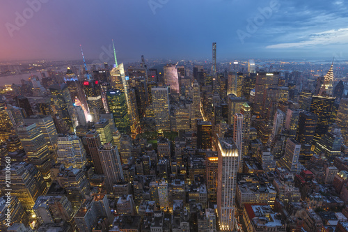 Night view of New York City as seen from the Rockefeller Center Observation Deck. New York City, USA.