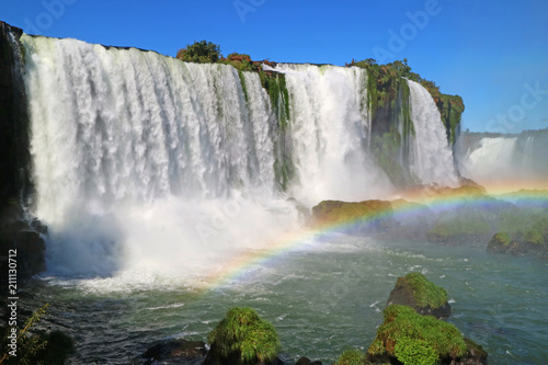 Stunning view of the powerful Iguazu falls with beautiful rainbow  Foz do Iguacu  Brazil