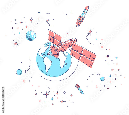 Communication satellite flying orbital spaceflight around earth, spacecraft space station with solar panels and satellite antenna plate, with rockets, stars and other elements. Vector.