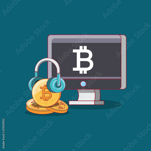 computer with bitcoin symbol on screen and bitcoin coin over blue background, colorful design. vector illustration