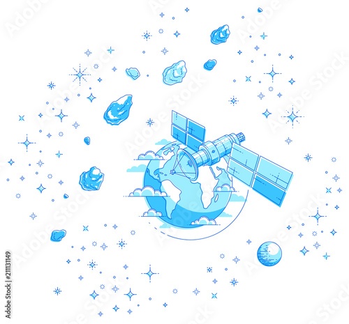 Satellite orbiting around earth, spaceflight, communication spacecraft space station with solar panels and satellite antenna plate, under asteroid rain and stars. Vector.