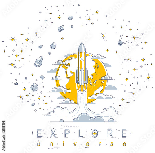 Rocket start from earth to space to discover undiscovered, surrounded by comets, asteroid, meteors, stars and other elements. Explore universe, space science. Thin line 3d vector illustration.
