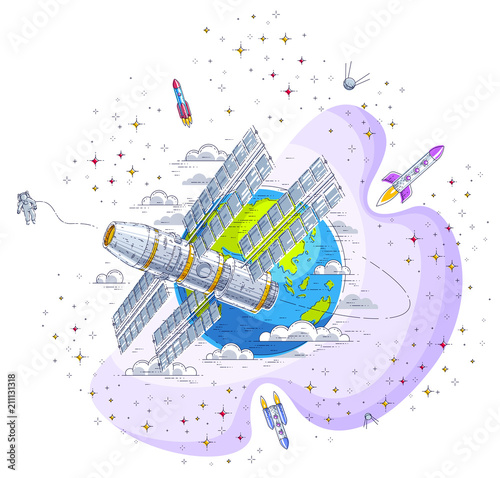 Space station flying orbital spaceflight around earth, spacecraft spaceship iss with solar panels, artificial satellite, with rockets, stars and other elements. Thin line 3d vector illustration.