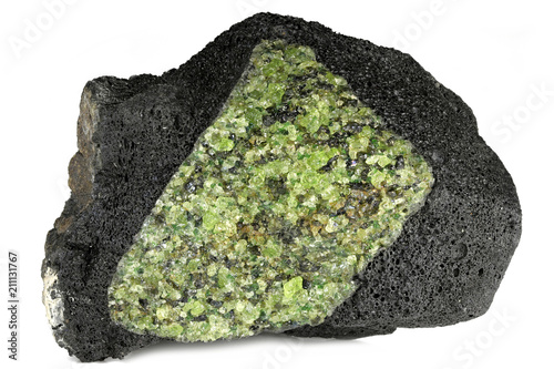 olivine on volcanic bedrock from Zhangjiakou, Heibei/ China isolated on white background