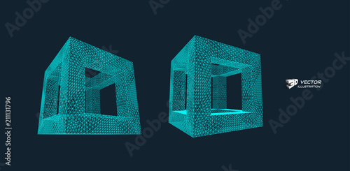 Cube. Connection structure. 3d grid design. Technology style. Molecular lattice.