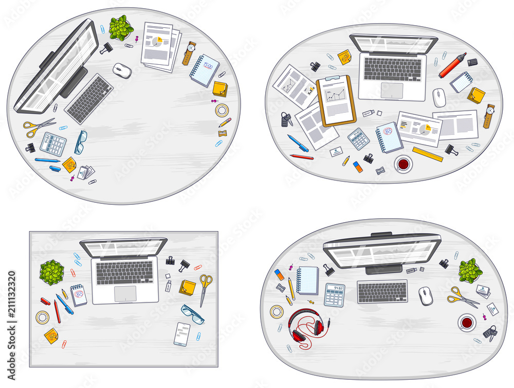 Office desks workspaces top view with PC and laptops and diverse stationery objects for work, overhead look. All elements are easy to use separately or recompose the illustrations. Vector set. Office desks workspaces top view with PC and laptops and diverse stationery objects for work, overhead look. All elements are easy to use separately or recompose the illustrations. Vector set.