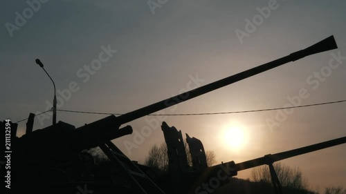 Battle weapons on wheels in the park on the pedestal