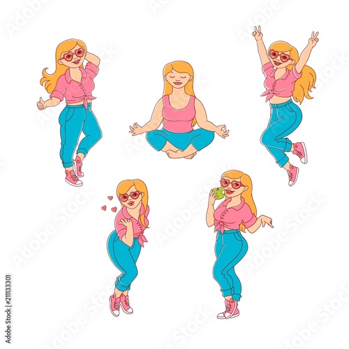plump obese girl having fun set. Sketch style cute female characters in jeans, pink skirt doing yoga, dancing blow air kiss, eat apple. Vector adult blonde overweight women collection