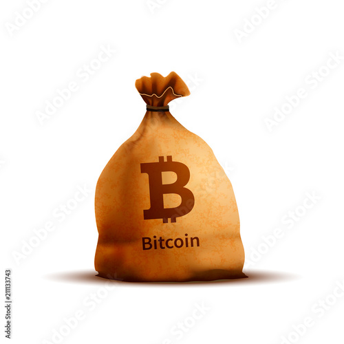 Bright old brown money bag with texture and bitcoin sign isolated on white