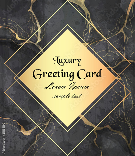Luxury greeting card with golden frame on black marble background Vector. Lux...