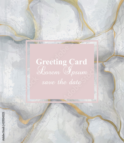 Greeting card golden gray marble background Vector. Luxury stone pattern text...