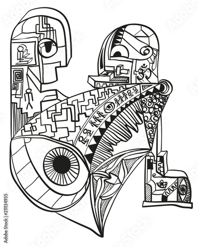 Abstract doodle designs. Surrealistic drawing of modern society. Vector illustration.