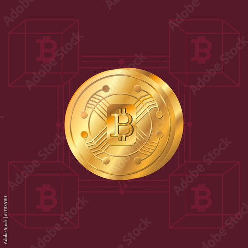 golden bitcoin coin over red background, colorful design. vector illustration