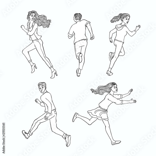 Young men, women running away set. Male, female characters running looking back with afraid frightened face. Isolated monochrome vector illustration in sketch style