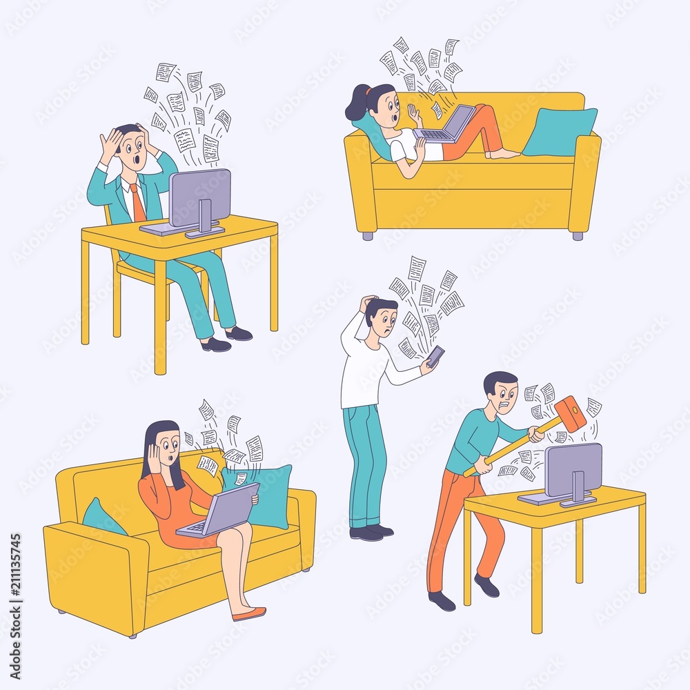 Information overload concept set. Angry man crushing monitor, male female characters feel puzzled, confused and irritated about lots of messages flying out of modern devices. Vector sketch