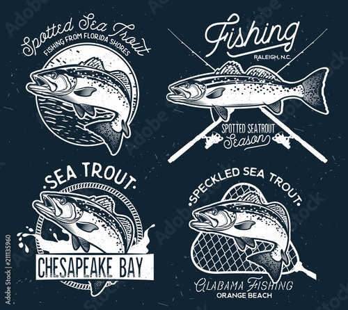 Vintage Sea Trout Fishing Emblems, Labels and Design Elements.