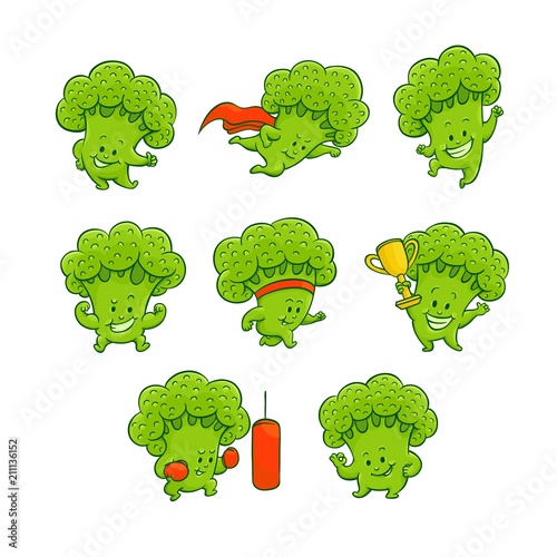Cheerful broccoli characters set. Funny green sportive vegetables collection, cute healthy organic food full of vitamins. Cartoon smiling hand drawn plant with arms, legs. Vector illustration