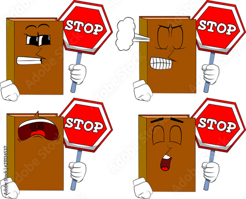Books holding a stop sign. Cartoon book collection with angry and sad faces. Expressions vector set.