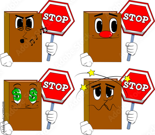 Books holding a stop sign. Cartoon book collection with various faces. Expressions vector set.