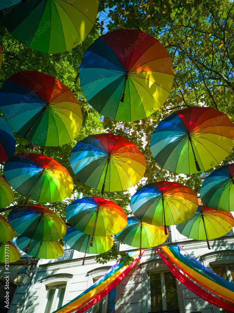 To prepare the Gay Pride in Paris, dozens of umbrellas in the colors of the rainbow were hung.