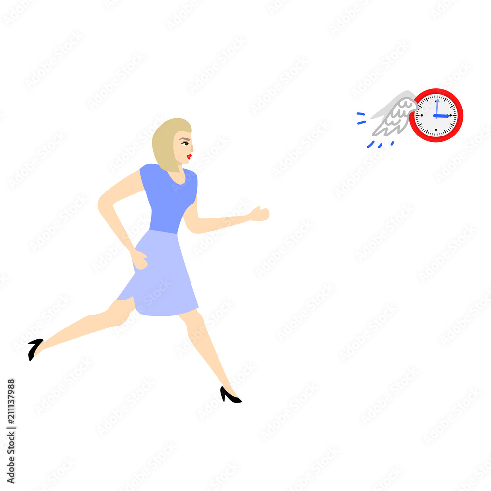 Businesswoman and time management, deadline concept. Female character manager office worker in hurry, chasing for flying away clock with wings. Vector flat illustration