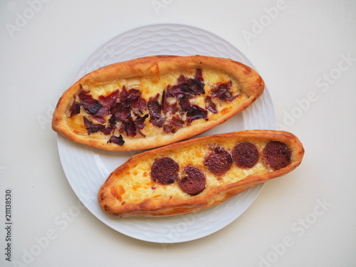 New baked delicious Traditional Turkish pide , Turkish pizza with special Turkish meat