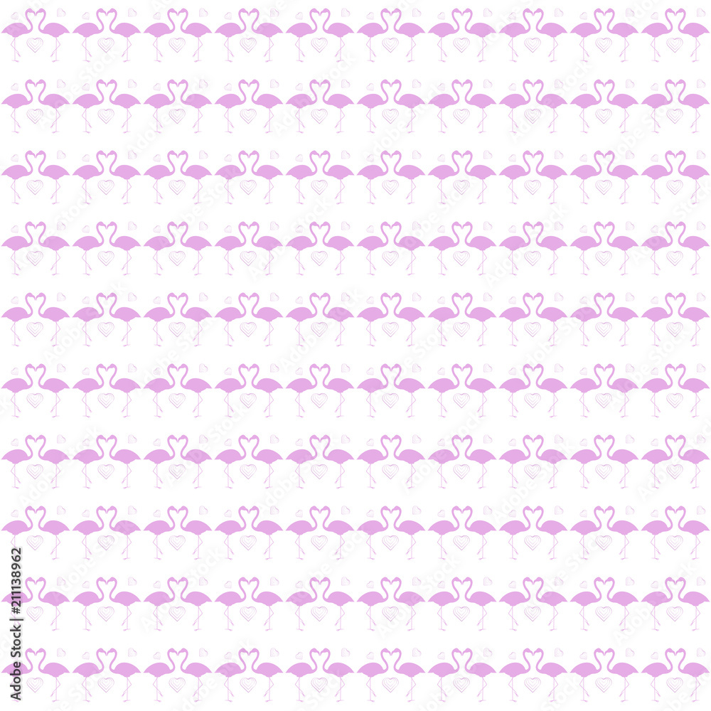 Seamless pattern, silhouette of pink flamingo with hearts