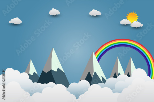 mountains with beautiful sunsets over the clouds.paper art.vector illustration