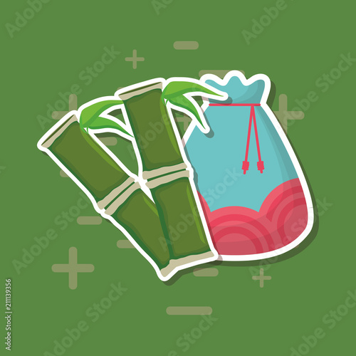 lucky bag and bamboo sticks over green background, colorful design. vector illustration