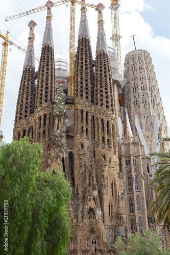 Facade of Sagrada Familia Church in Barcelona. Expiatory Church of the Holy Family. 