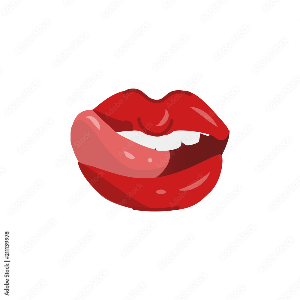 Woman mouth with sexy lips open, white teeth and sticking out tongue. Red lipstick makeup glamour fashion style glossy sensual kiss symbol. Isolated vector illustration on a white background. Woman mouth with sexy lips open, white teeth and sticking out tongue. Red lipstick makeup glamour fashion style glossy sensual kiss symbol. Isolated vector illustration on a white background.