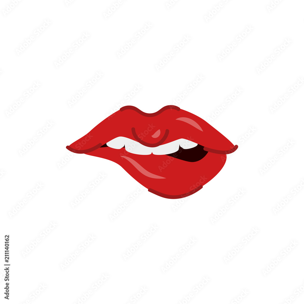Woman sexy mouth with white teeth biting lips. Red lipstick makeup glamour fashion style glossy sensual kiss symbol. Isolated vector illustration on a white background.