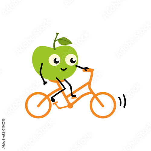 Doing sport fruit - green fresh ripe apple riding bike isolated on white background. Cute cartoon smiling character doing exercises for healthy and active lifestyle concept. Vector illustration.
